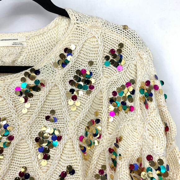 By Anthropologie Lara Sequined Sweater Womens Size Small Cream Multicolor Sequin - Picture 3 of 7
